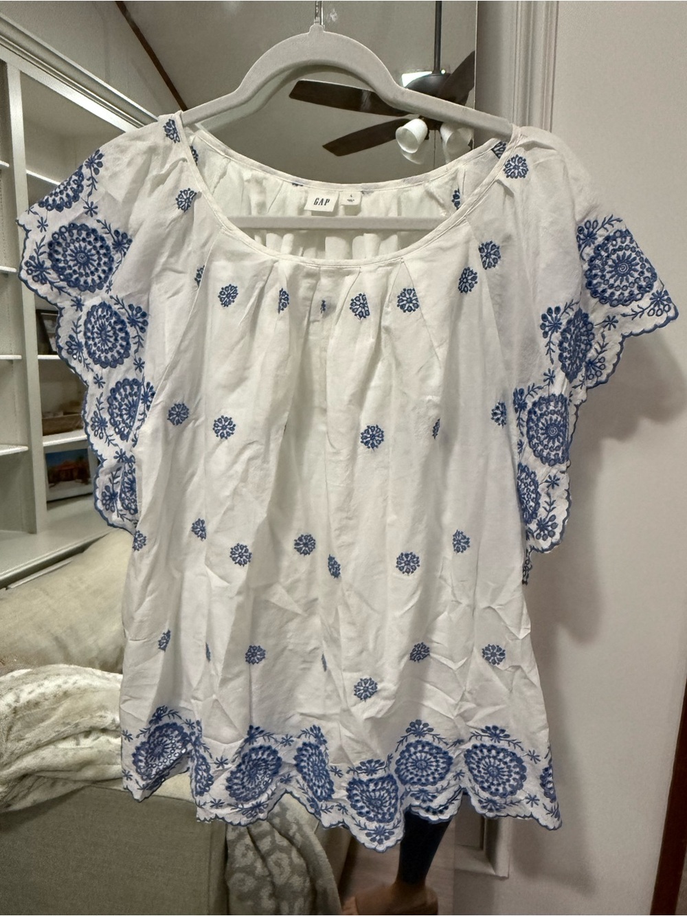 GAP White Top with Blue Embroidered Trim